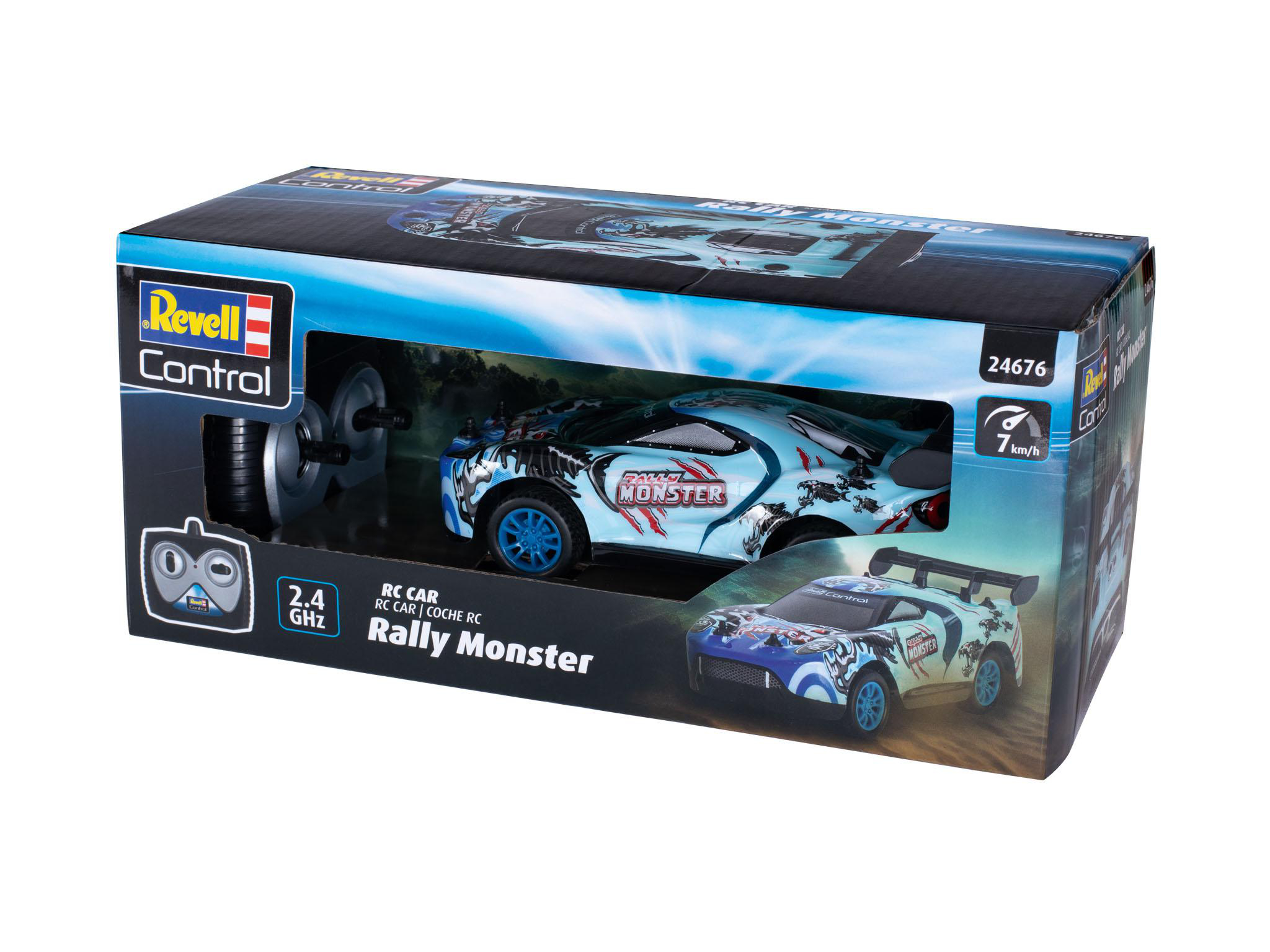 RC-Auto im Karton, Rallye-Design.