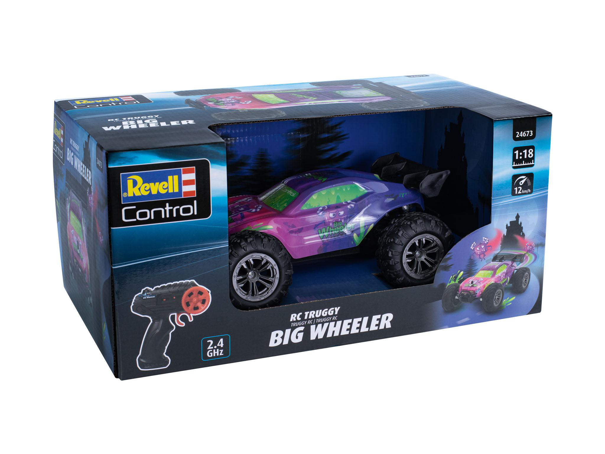 RC-Spielzeugauto in einer Box. Die Box zeigt Bilder des Autos und seiner Fernbedienung mit Text.