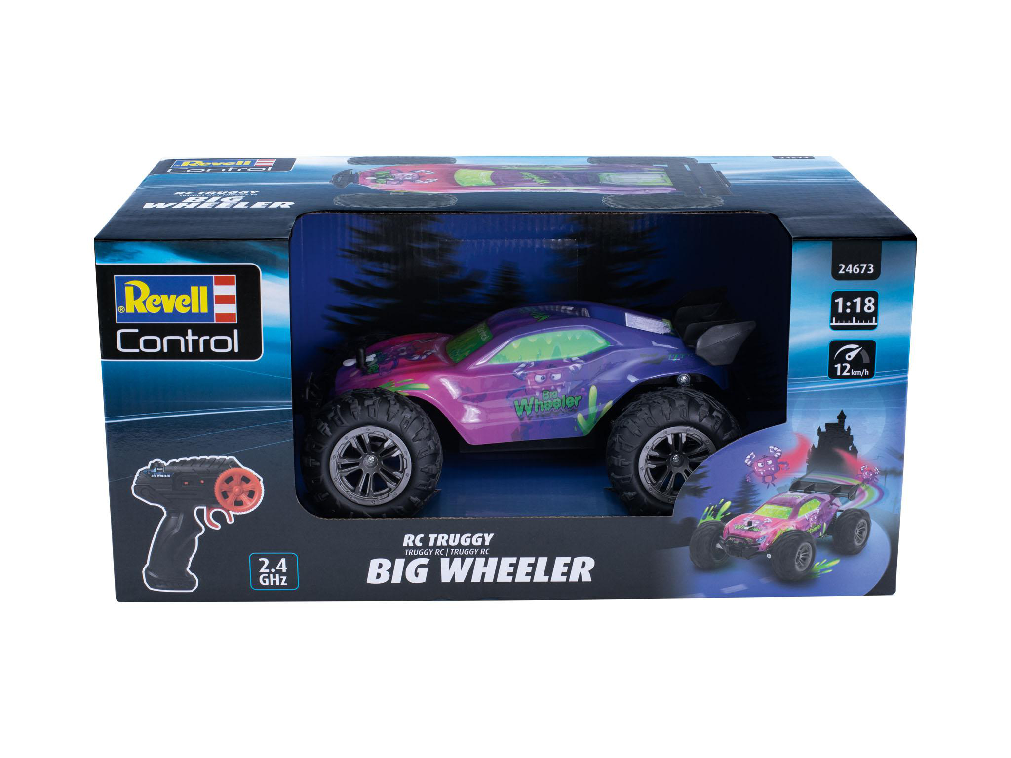 Ein RC-Spielzeugauto in einer Box. Es ist lila und rosa mit einem 'WHEELER' Logo und schwarzen Rädern.