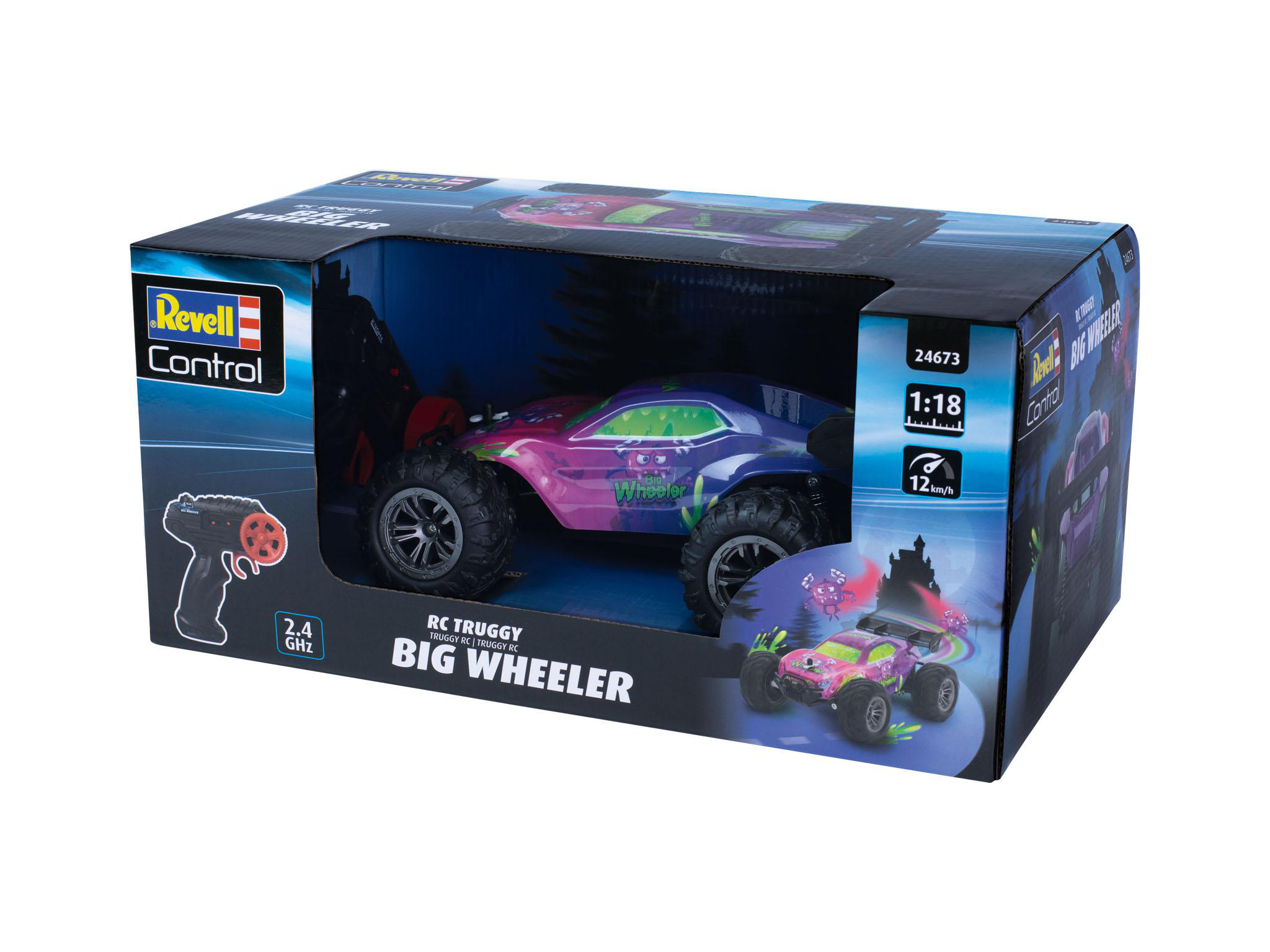 Ein Spielzeugauto in einer Box. Die Box zeigt das Auto und die Fernbedienung. Das Auto ist lila und grün.