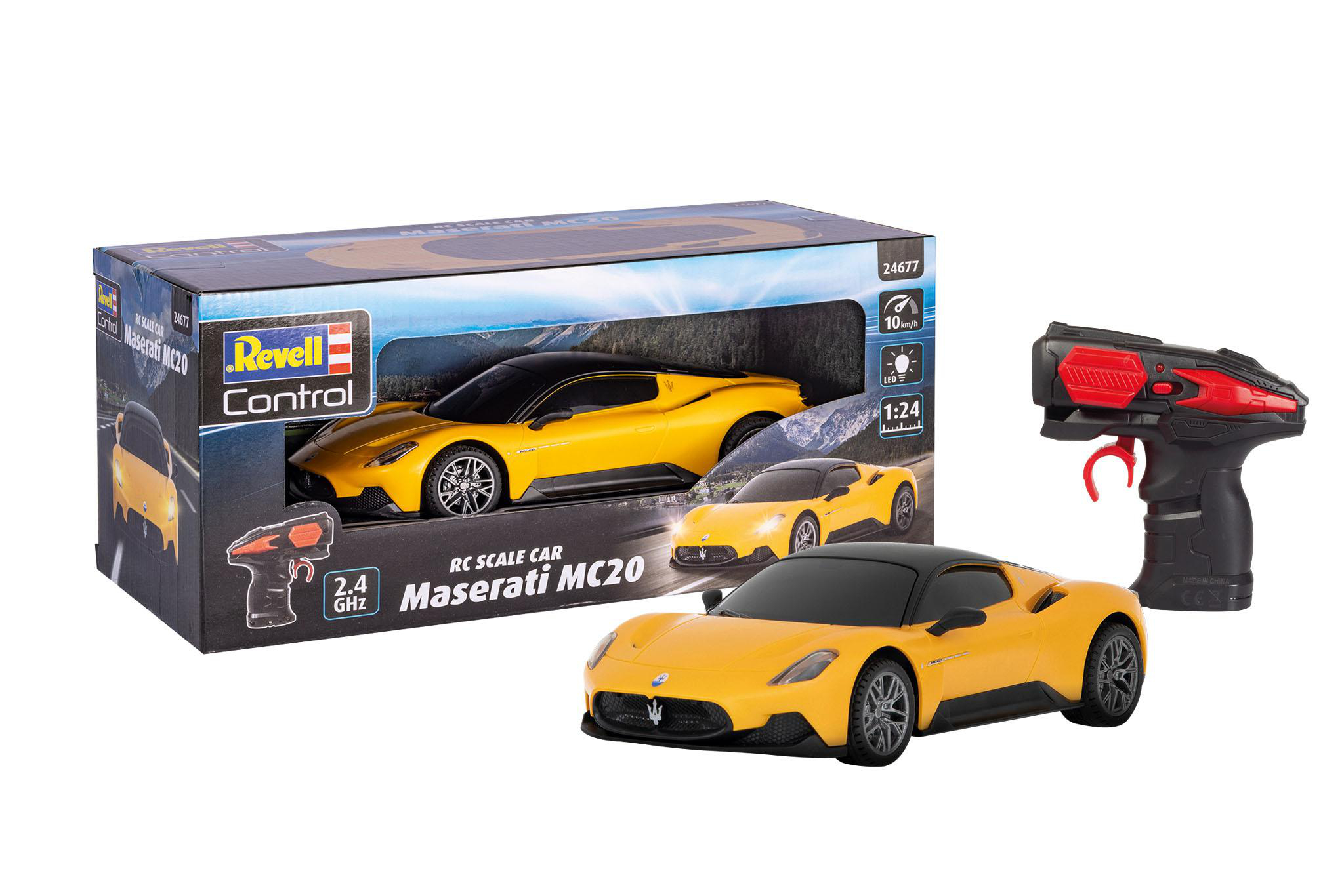 Gelbes Maserati MC20 RC-Auto mit Schachtel und Fernbedienung.