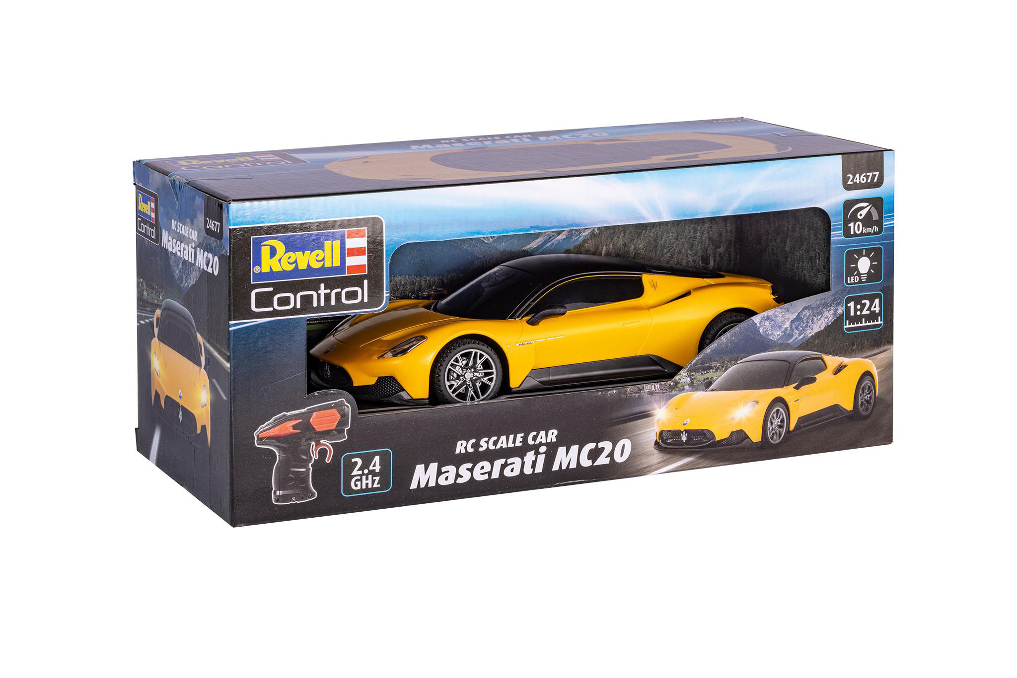 Revell Maserati MC20 Modellauto-Box. Gelbes Auto in der Box und Bilder auf der Box-Art.