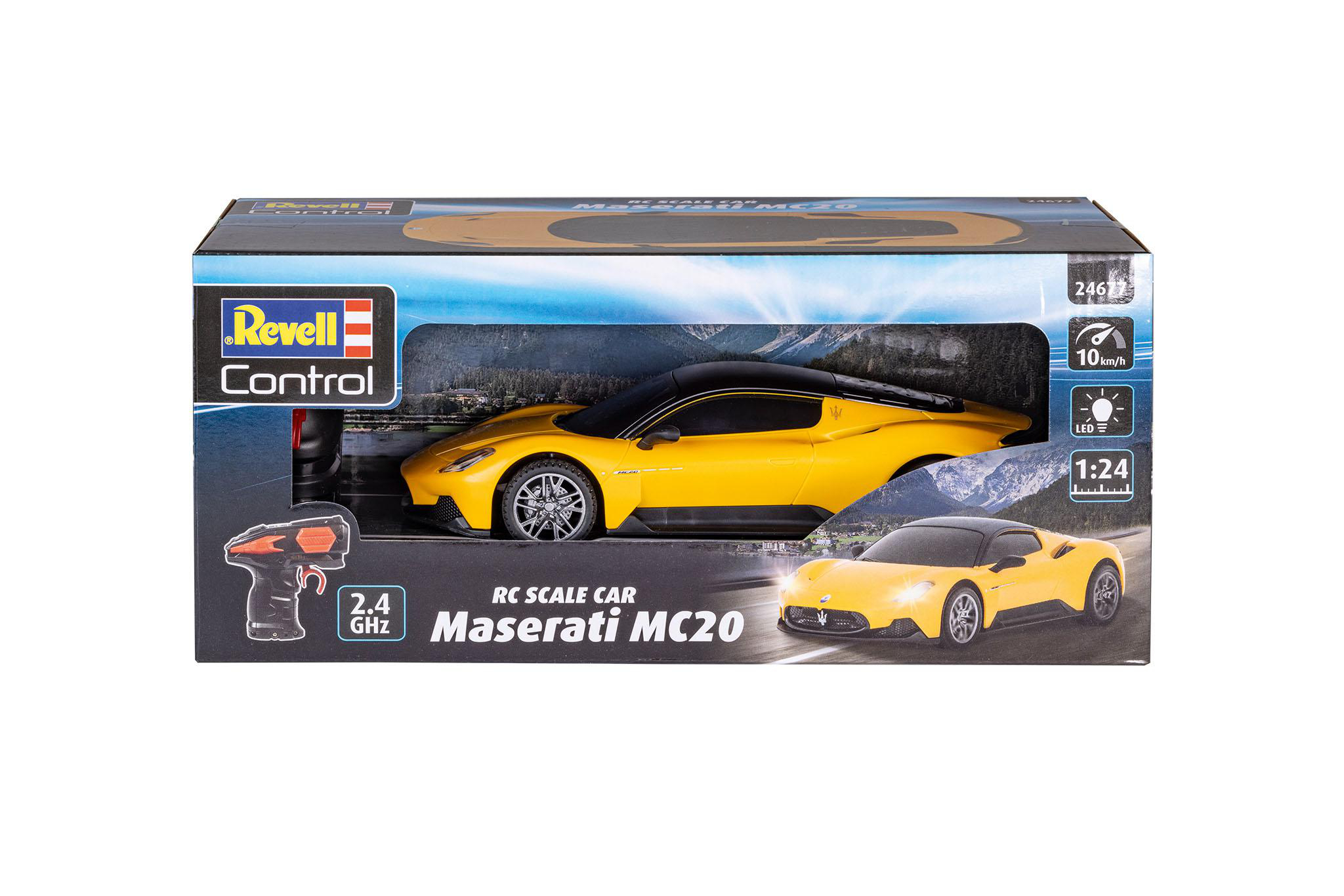 Ein gelbes Maserati-Spielzeugauto in einer Box mit Fernbedienung und Autobildern.