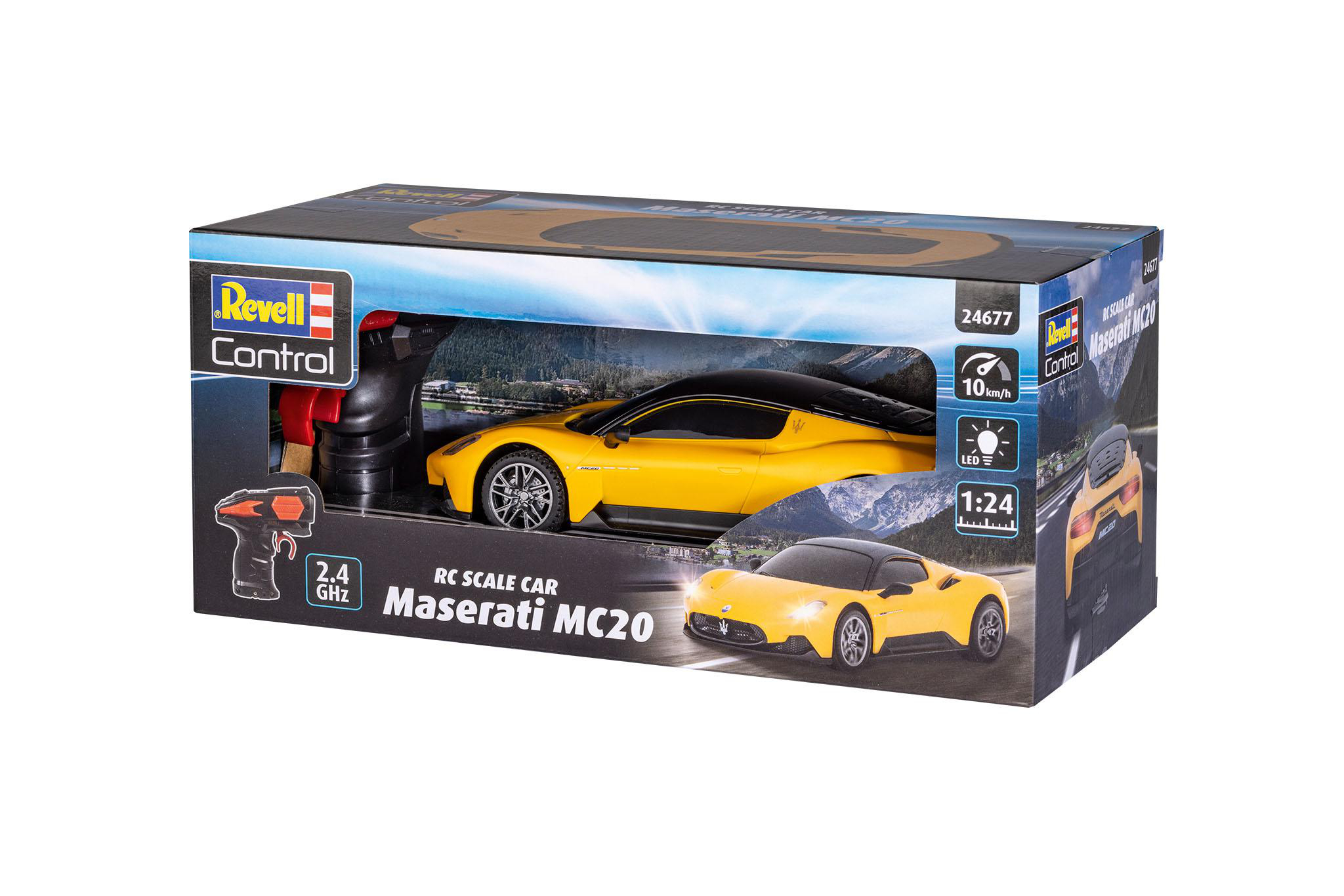 Verpacktes gelbes Maserati MC20 RC-Modellauto mit Fernbedienung.