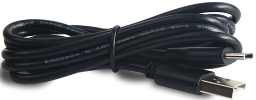 Ein schwarzes USB-Kabel mit einem USB-Anschluss und einem runden Stecker.