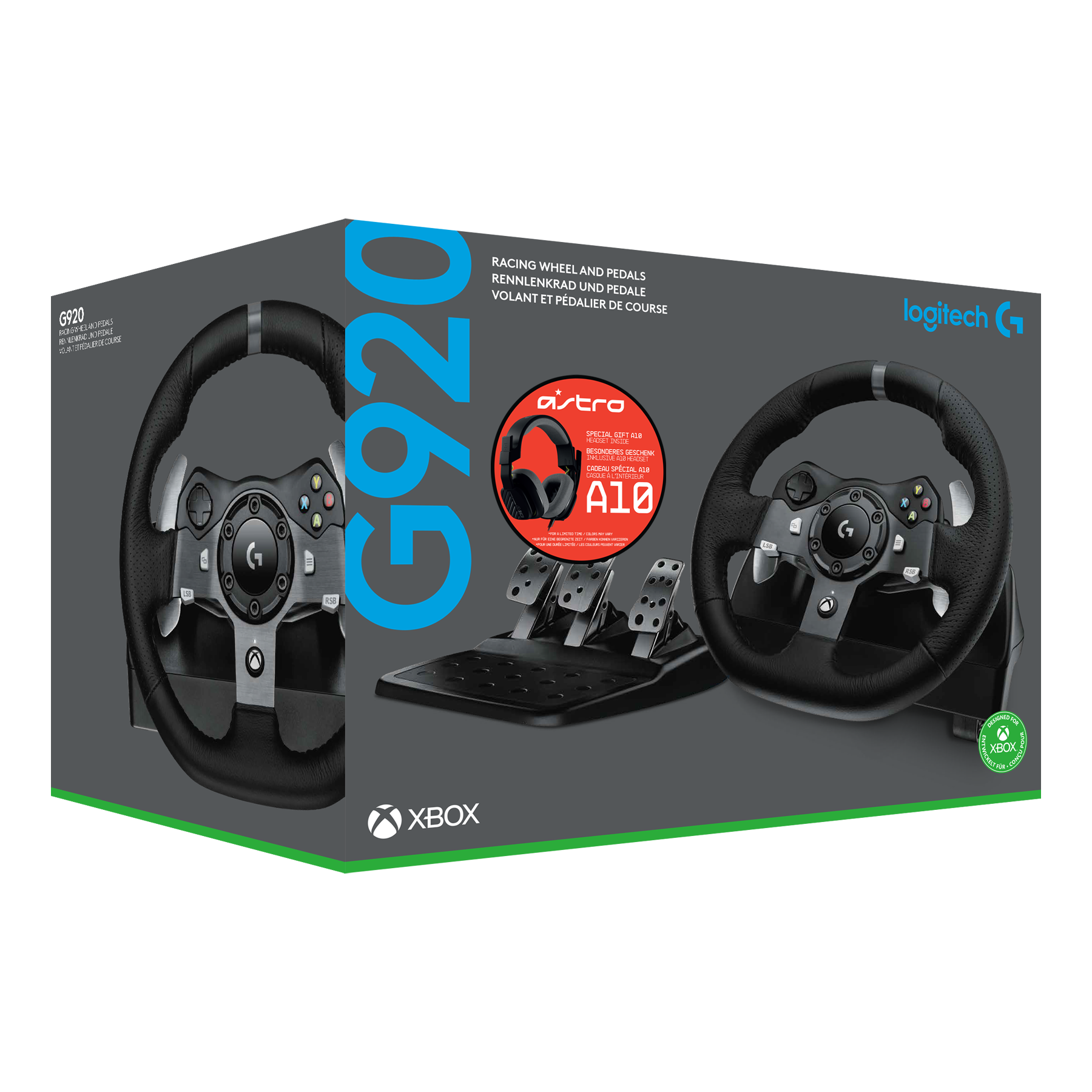 Juego de caja con un volante de carreras, pedales y auriculares, con el logotipo de Xbox y Logitech.