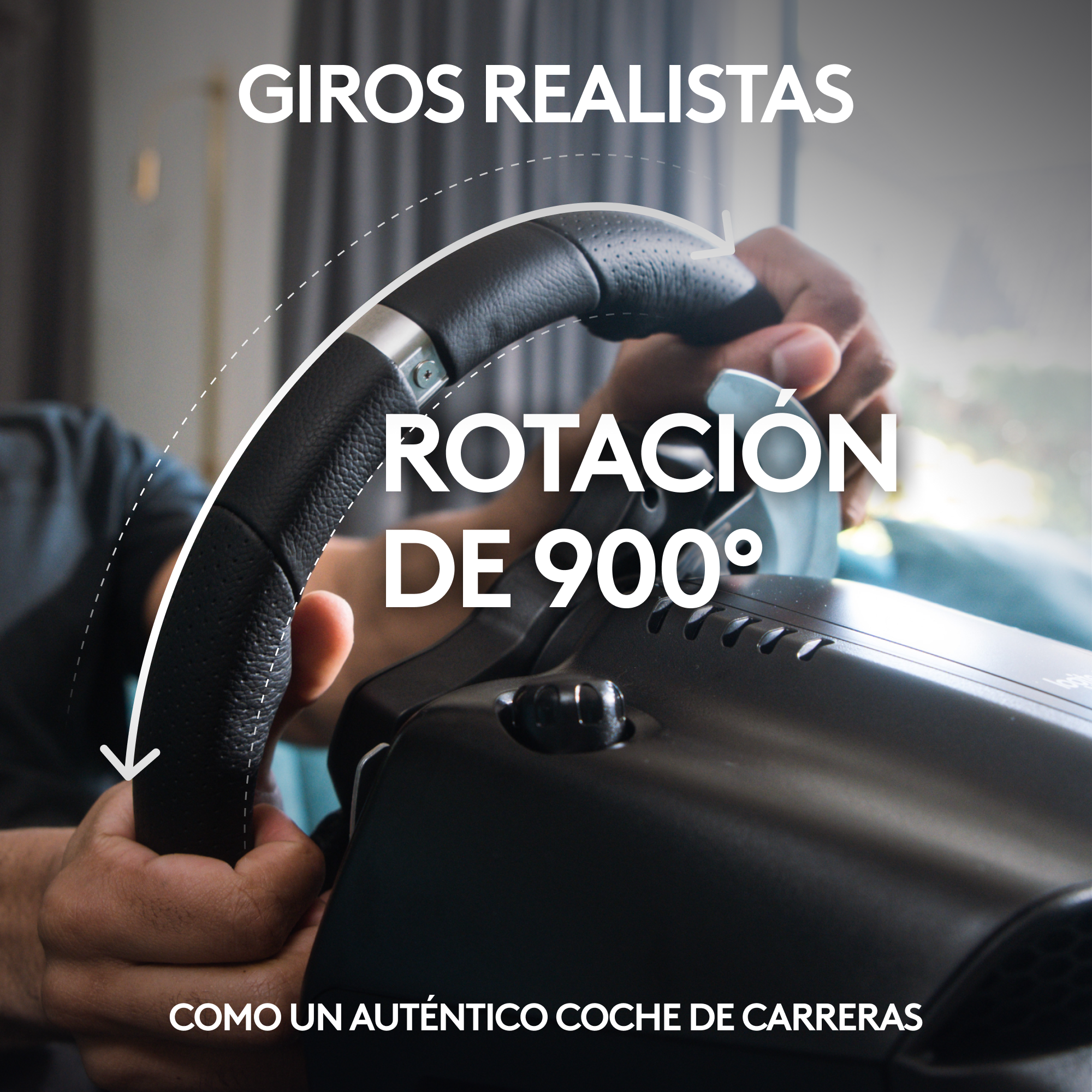 Manos de una persona en un volante negro, con texto sobre rotación de 900 grados.