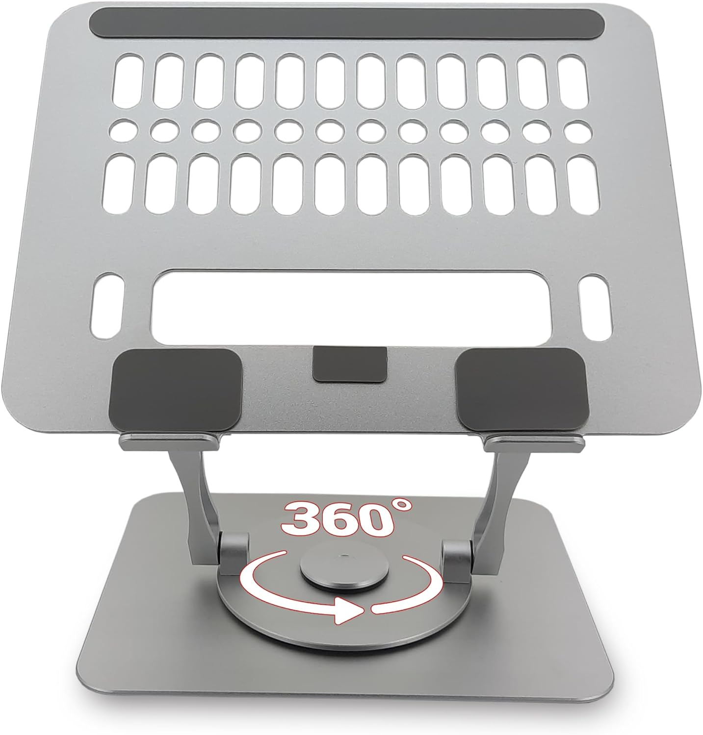 Gümüş laptop standı, 360 derece dönen tabana sahip, gümüş kaplamalı.