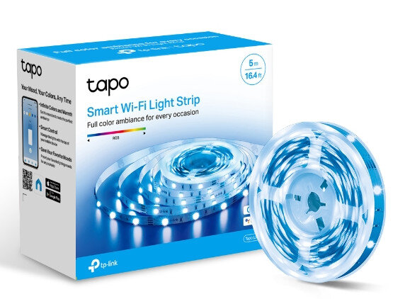 Pudełko Tapo Smart Wi-Fi Light Strip. Pasek jest zwinięty obok pudełka. Jest niebieski.