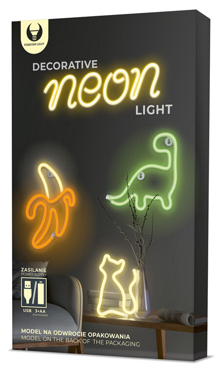 Dekoracyjne światło neonowe w pudełku. Kształty banana, dinozaura i kota. Czarne tło.