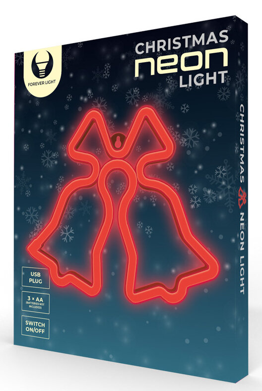 Pudełko z neonami świątecznymi pokazujące dwa czerwone dzwonki.