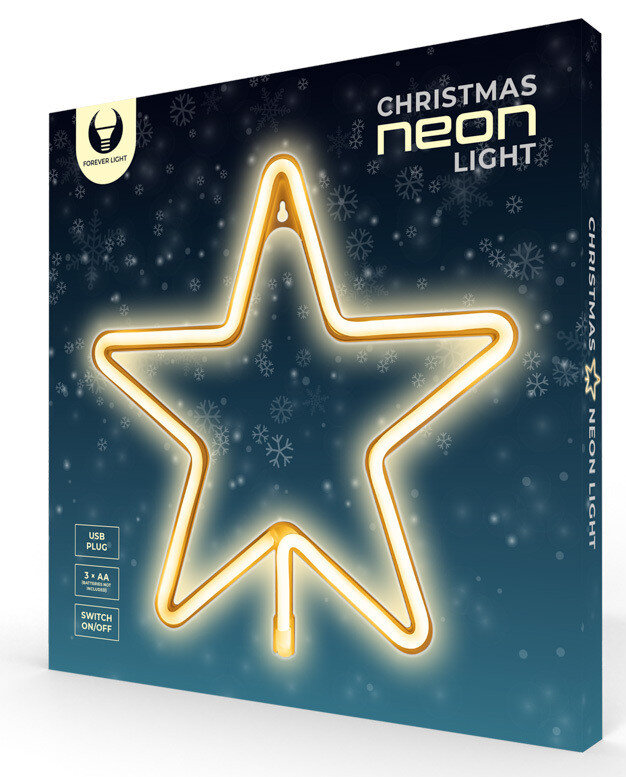 Neonowa gwiazda lampka choinkowa w pudełku. Tekst na pudełku mówi: Christmas Neon Light.