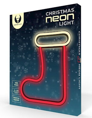 Neonowy skarpetka świąteczna na pudełku, czerwone światło wewnątrz, biały kontur.