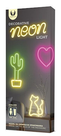 Pudełko z neonami: kaktus, serce i kot. Pudełko ma logo żarówki z napisem 'Decorative Neon Light'.