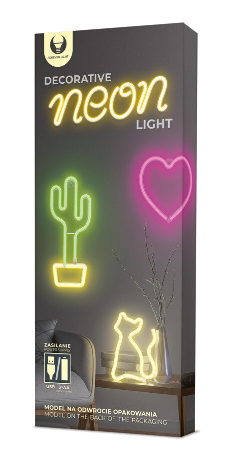 Dekoracyjne pudełko z neonowym światłem. Światła w kształcie kaktusa, serca i kota. Czarne i żółte pudełko.
