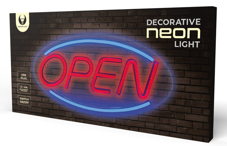 Dekoracyjna neonowa tablica, czyta OPEN na czerwono. Owalne światła neonowe, na tle cegieł.