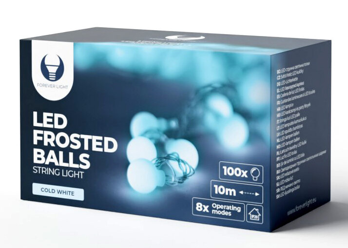 Pudełko z lampkami LED w kształcie matowych kulek, ze szczegółami produktu.