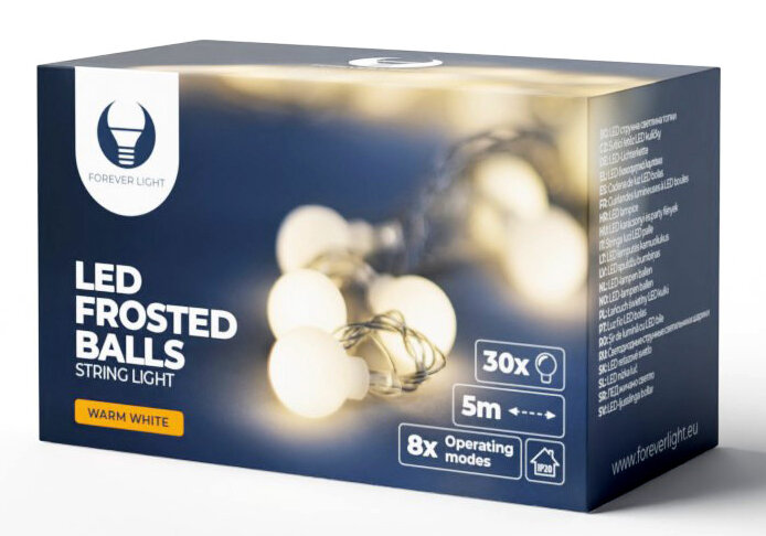 Pudełko z lampkami LED w kształcie matowych kulek, ciepła biel, na białym tle.