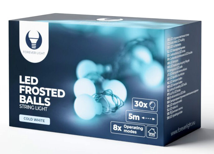 Pudełko z łańcuchem świetlnym LED z matowymi kulkami, białe kulki, zimna biel, z tekstem i ikonami.