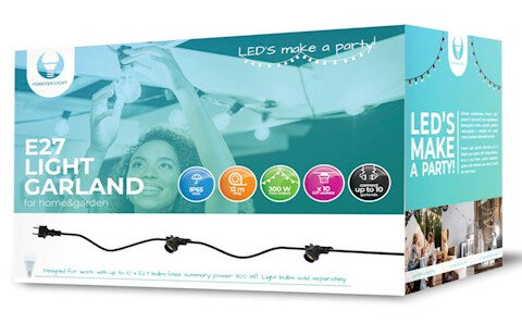 Pudełko z girlandą świetlną E27, wizerunek kobiety i kolorowe ikony. Tekst: LED's make a party!