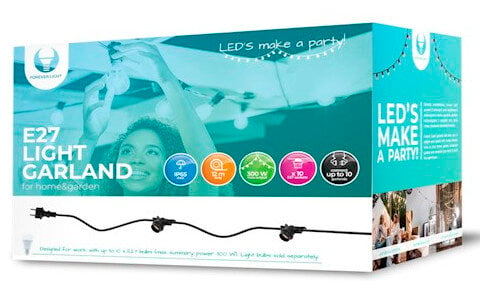 Pudełko z girlandą świetlną z twarzą kobiety i tekstem, z czarnym przewodem i wtyczką.