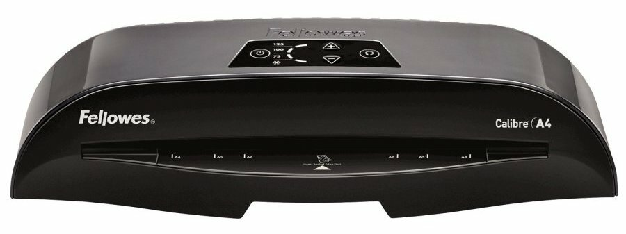 Czarna laminarka Fellowes Calibre A4 z przyciskami. Czarno-srebrny design.