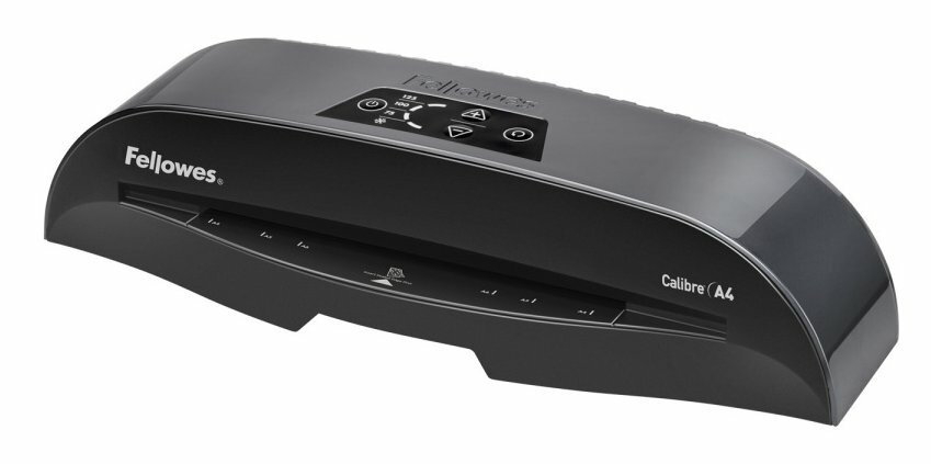 Czarna laminarka Fellowes Calibre A4 z przyciskami. Na białym tle.