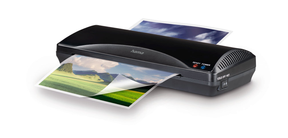 Czarna laminarka z dwoma zdjęciami. Jedno z krajobrazem, drugie z niebem i chmurami.