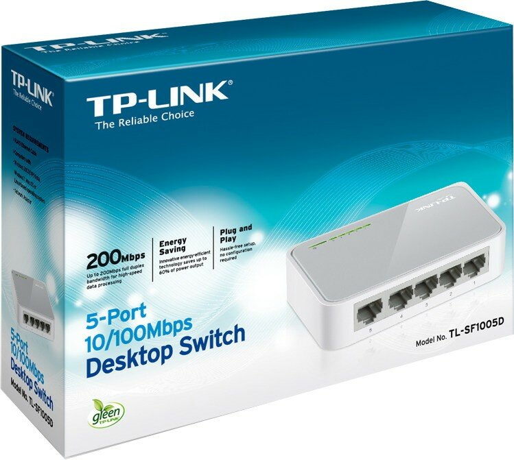 Pudełko TP-Link 5-Port Desktop Switch, biało-szary design, z widocznymi portami.