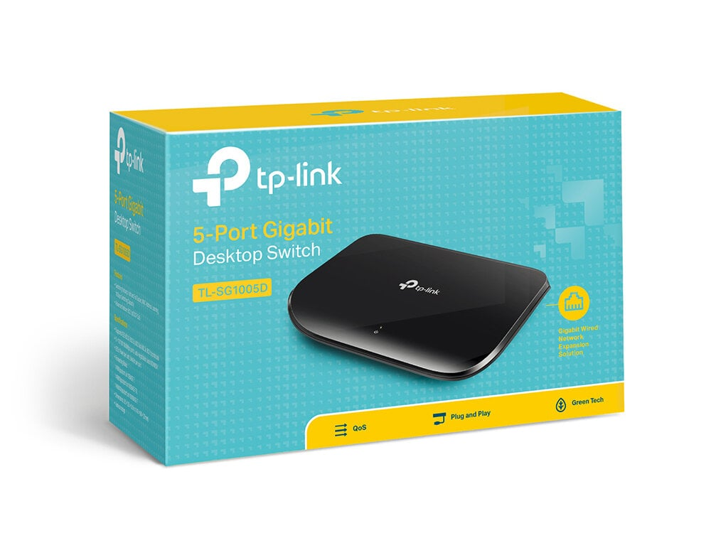 Pudełko przełącznika biurkowego Gigabit 5-Port TP-Link, z widocznym przełącznikiem, na białym tle.