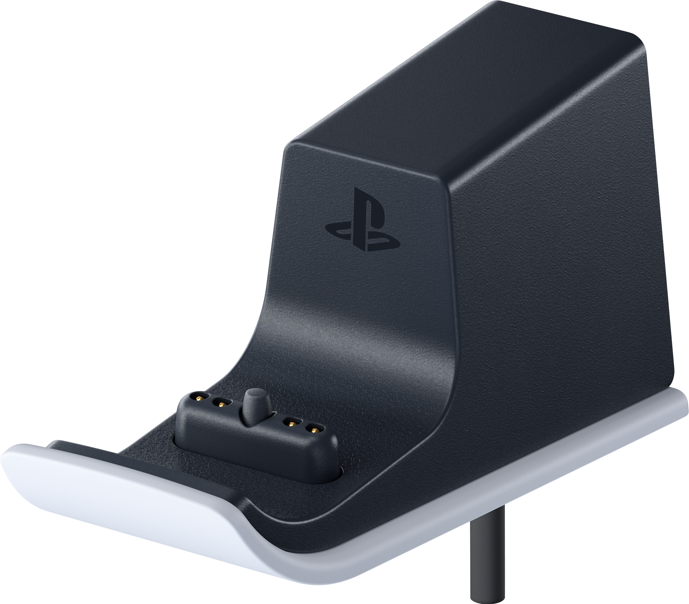 Eine schwarz-weiße Ladestation für den PlayStation 5-Controller. Das PlayStation-Logo befindet sich vorne.