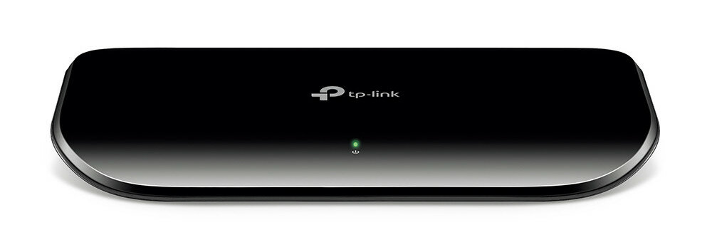 Czarny przełącznik sieciowy tp-link z jedną zieloną diodą LED.