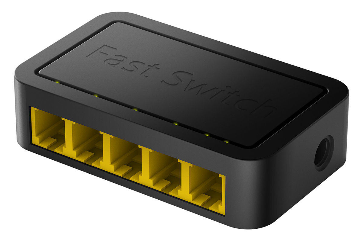 Czarny przełącznik sieciowy z żółtymi portami, oznaczony 'Fast Switch'.