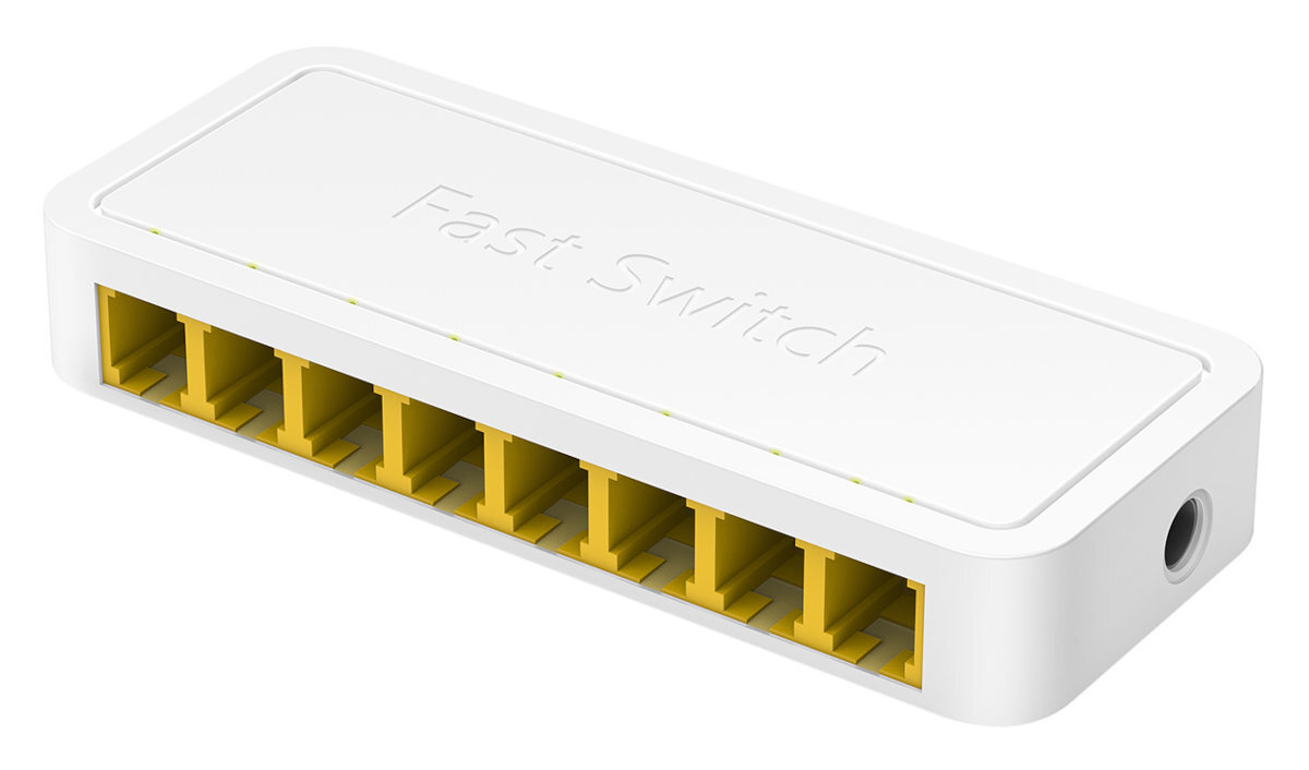 Biały Fast Switch z żółtymi portami. Jest to przełącznik sieciowy.
