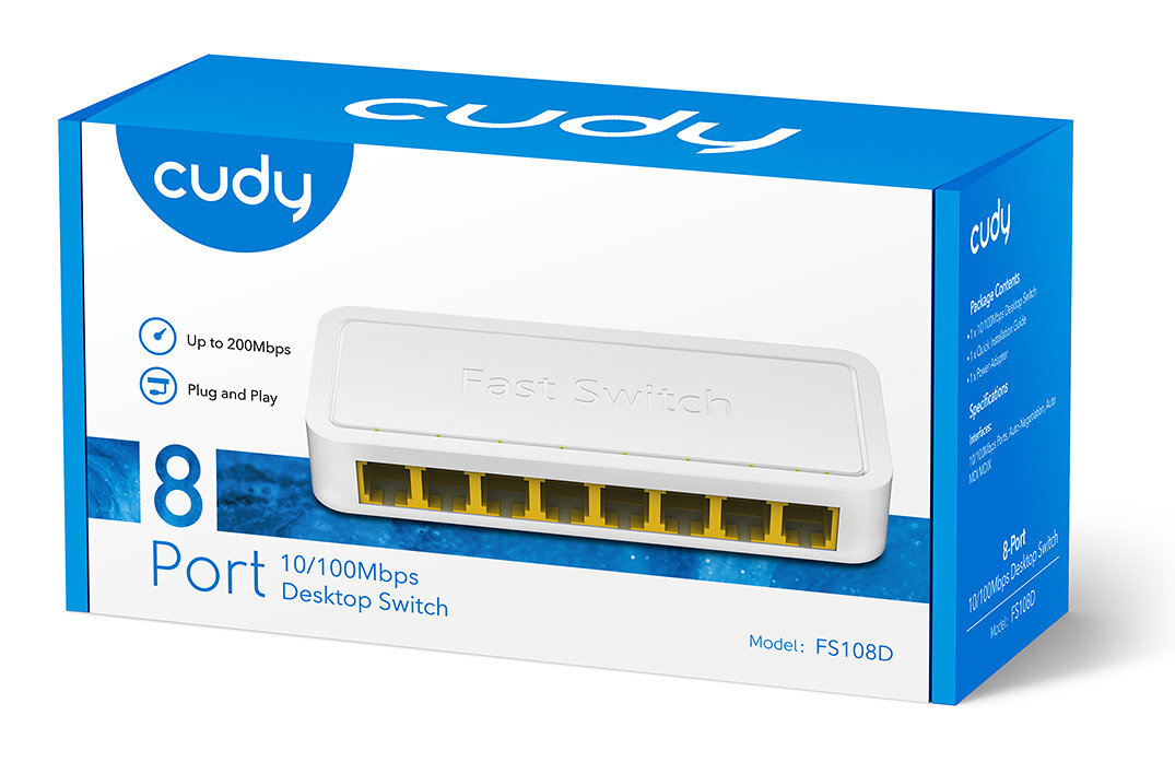 Biało-niebieskie pudełko przełącznika biurkowego Cudy 8-portowego. Pudełko pokazuje przełącznik.