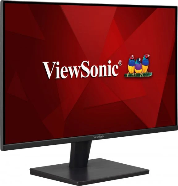 Egy monitor ViewSonic logóval piros háttérrel, fekete állvánnyal, fehér háttérrel.