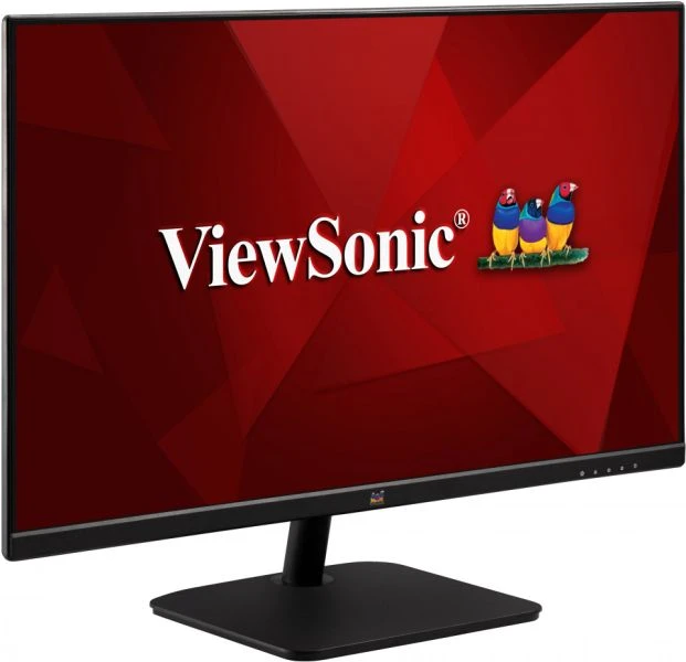 ViewSonic monitor piros háttérrel és logóval. Három madár illusztráció, fekete állvány és keret.