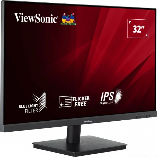 Egy ViewSonic 32 hüvelykes monitor piros hátteret jelenít meg szöveggel és ikonokkal.