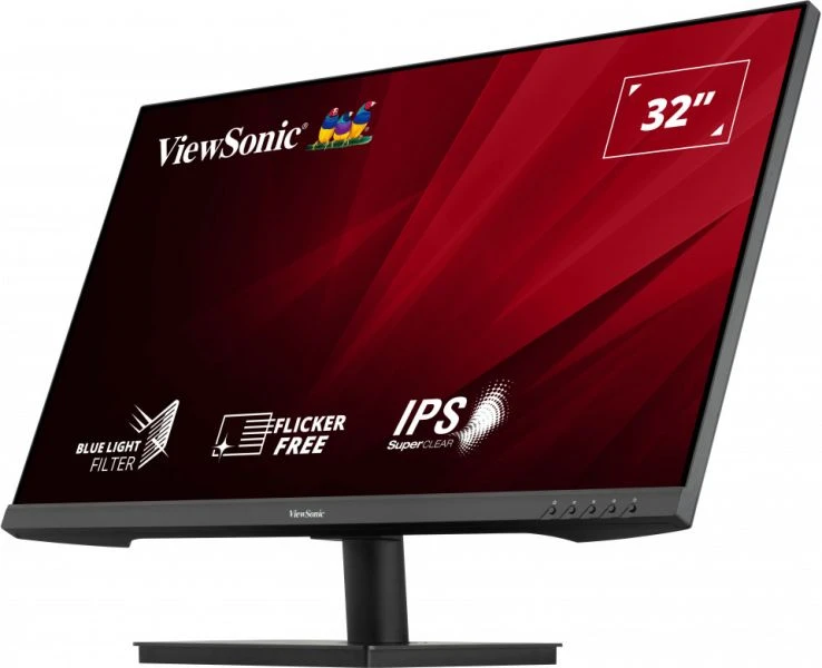 Fekete 32 hüvelykes ViewSonic monitor piros háttérrel.