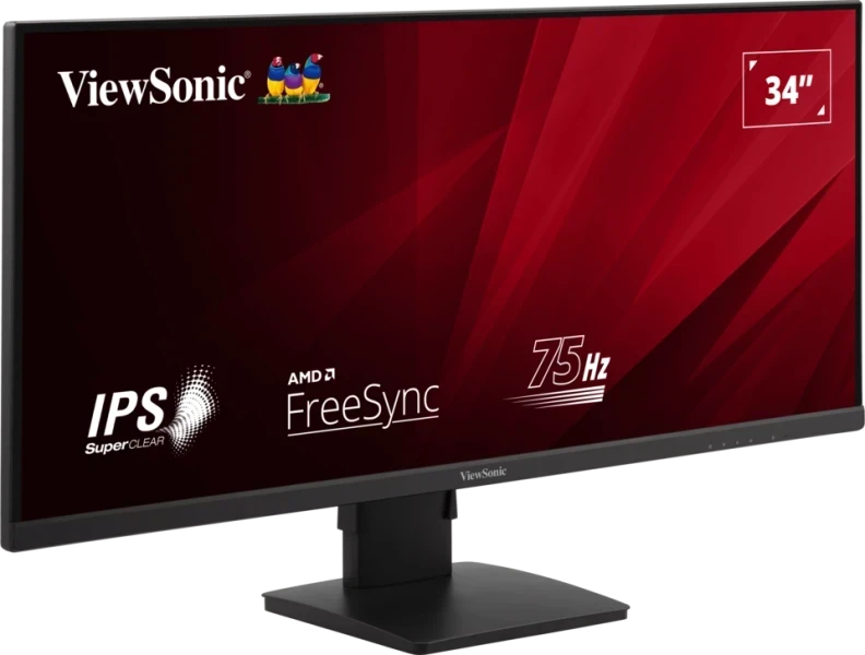 ViewSonic 34 hüvelykes monitor, fekete keret. Piros háttér. AMD FreeSync és 75Hz.
