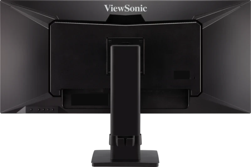 Fekete számítógép monitor hátulja, a ViewSonic logóval a tetején.