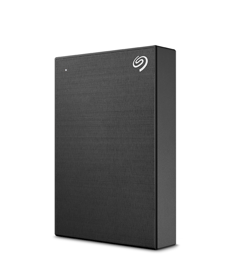 Beyaz bir arka plan üzerinde beyaz bir logo ile siyah Seagate harici sabit sürücü.