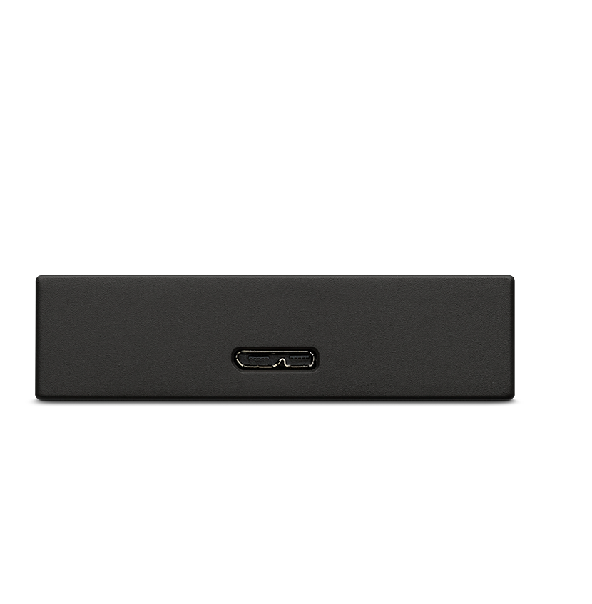 Görünür bir USB bağlantı noktasına sahip siyah, dikdörtgen bir cihaz, beyaz bir arka plan üzerinde.
