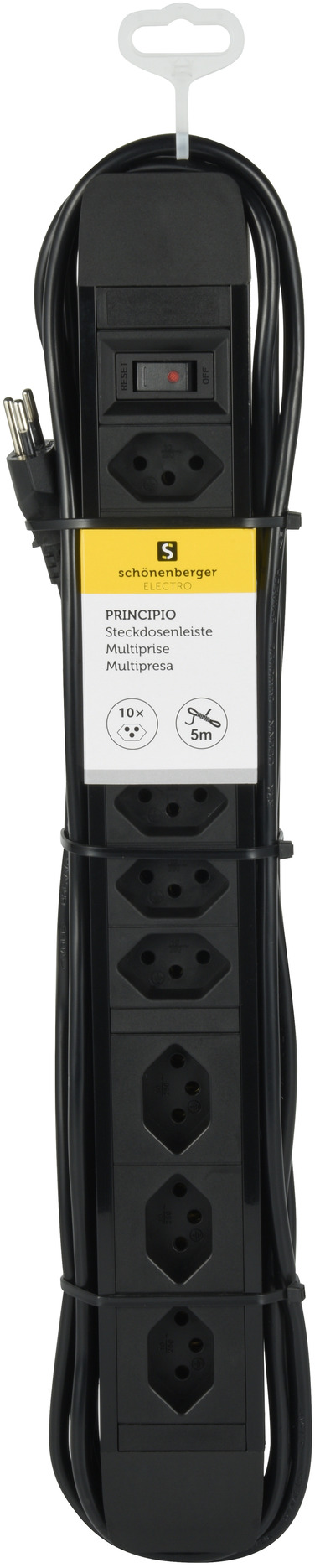 Eine schwarze Steckdosenleiste mit mehreren Steckdosen und einem weißen Etikett, umwickelt mit schwarzem Kabel.