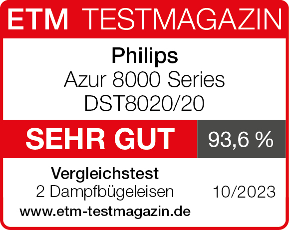 Testergebnis für Philips Azur 8000 Series Bügeleisen. Zeigt Text, 93,6% Bewertung und Datum.