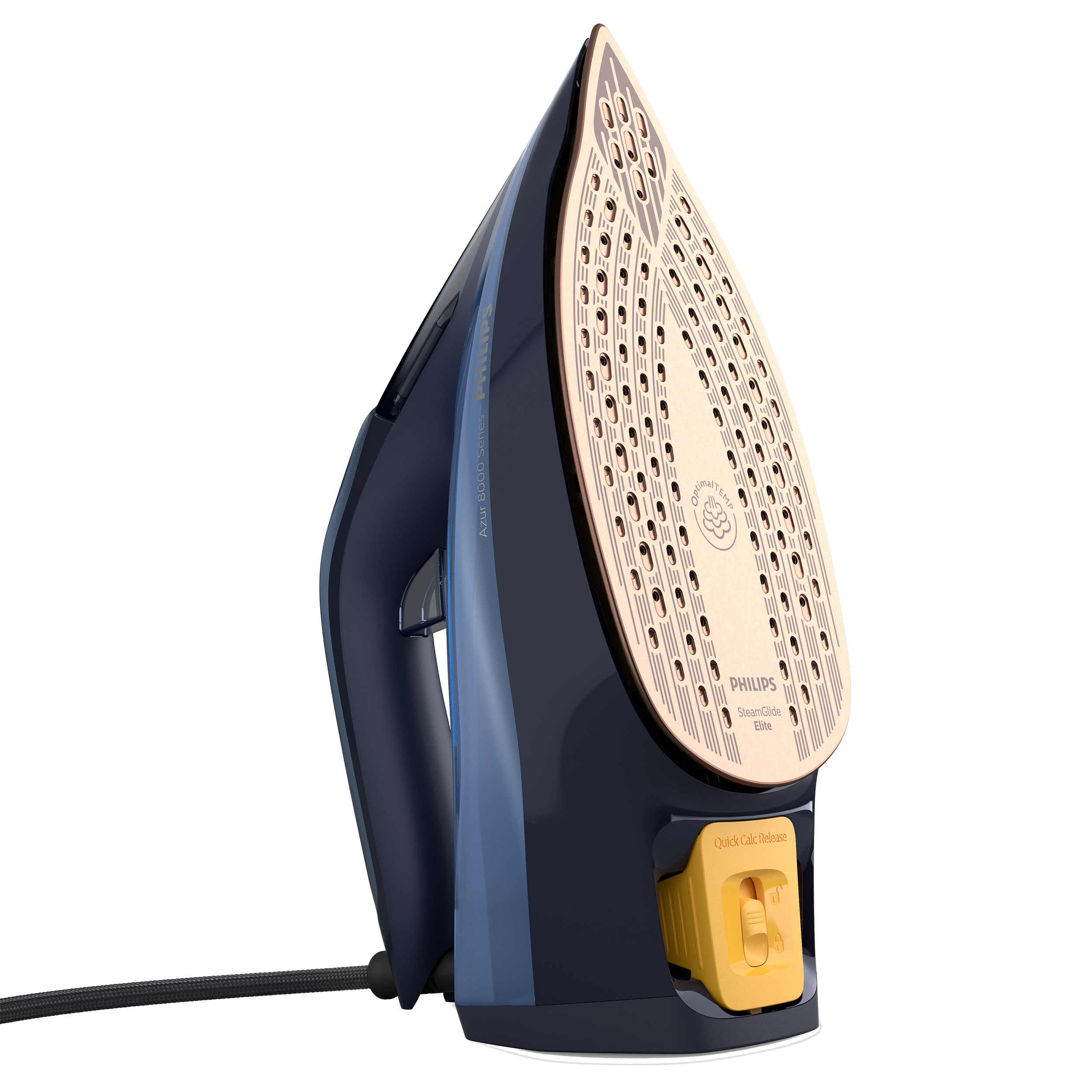 Blaues und schwarzes Philips-Bügeleisen mit goldener Platte, schwarzem Kabel und gelbem Schnell-Entkalkungs-System.