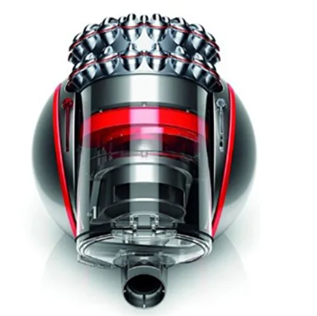 Dyson elektrikli süpürge, gümüş ve kırmızı, şeffaf bölümü olan küre şeklinde gövde.