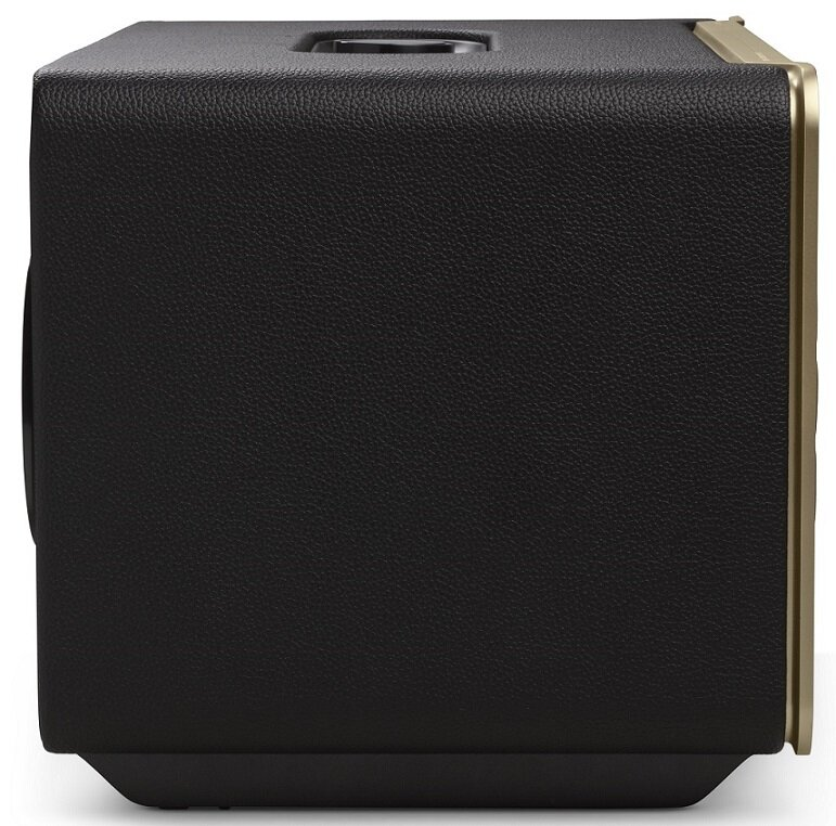 Czarny wzmacniacz gitarowy ze złotym wykończeniem. Widok z boku.