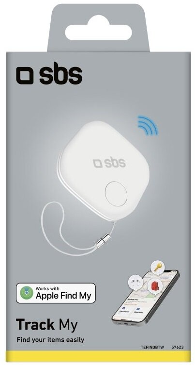 Białe urządzenie SBS Track My w pudełku, ze smartfonem pokazującym funkcje śledzenia.