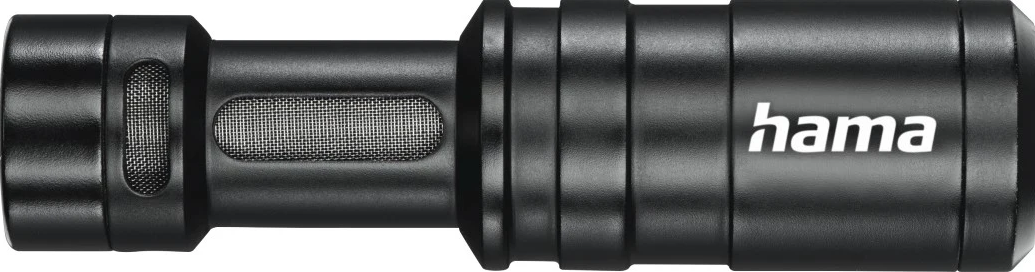 Microphone Hama noir, forme cylindrique avec une partie en maille sur le côté gauche.